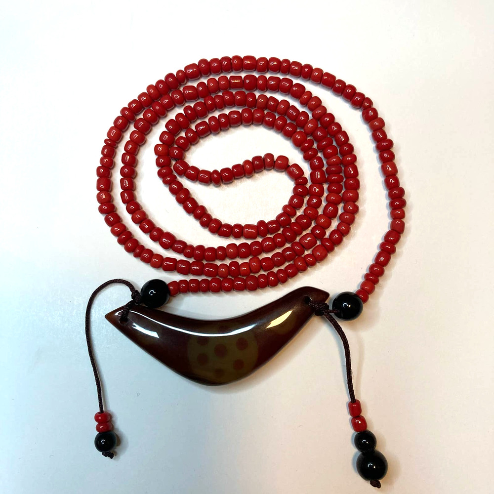 Beaded crystal necklace, red chain with large crescent pendant